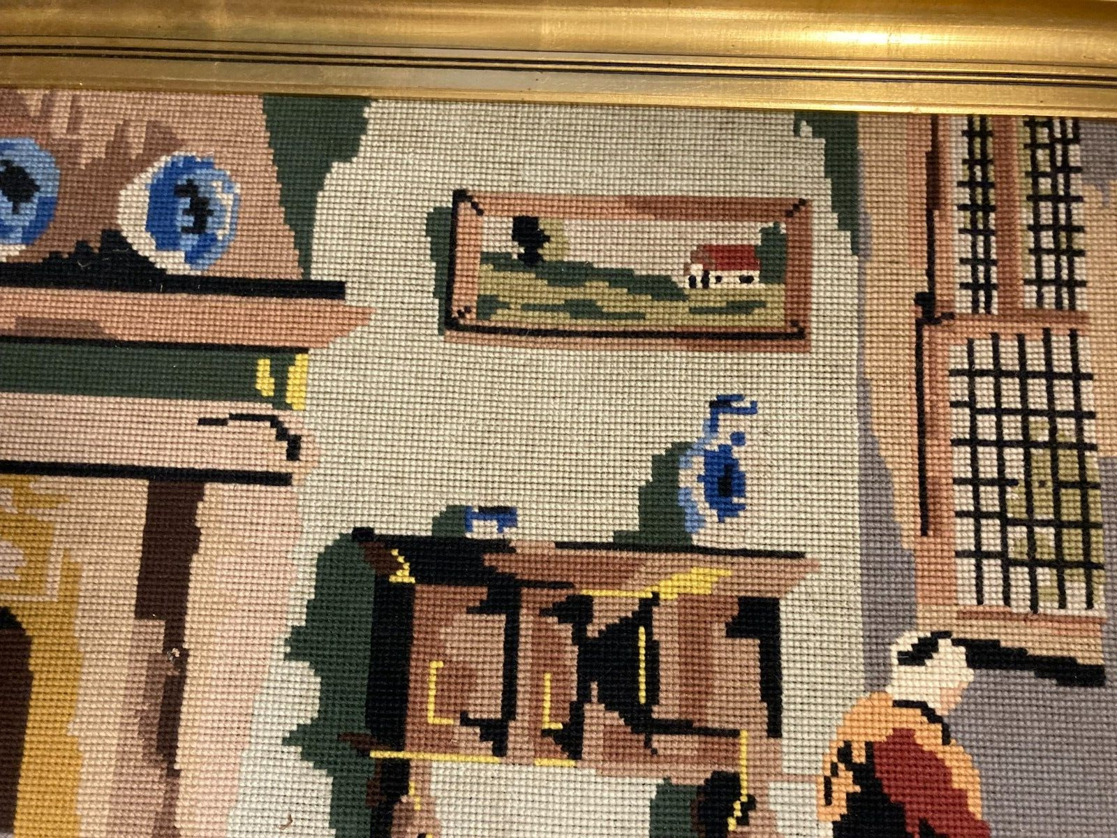 Danish Cross-Stitch Artwork Interior Scene w Cozy Fireplace W125cm L58 Framed