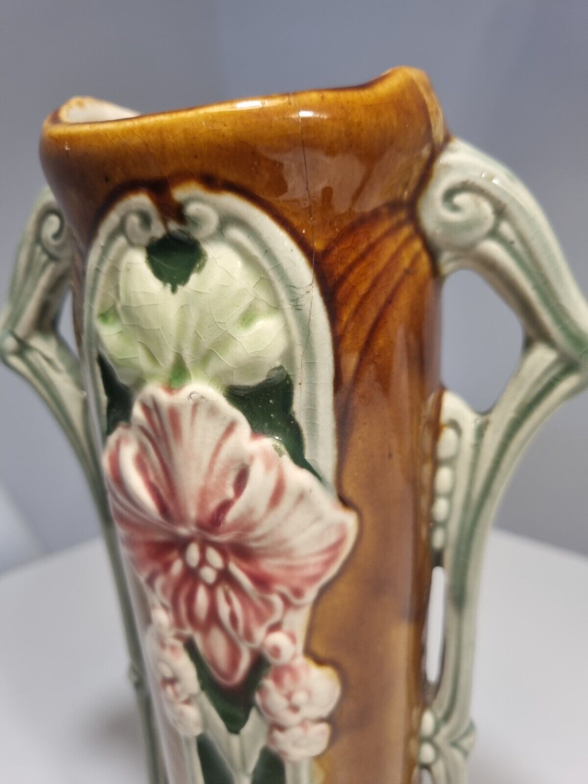 Antique Majolica Art Nouveau Handled Vase w Floral Design