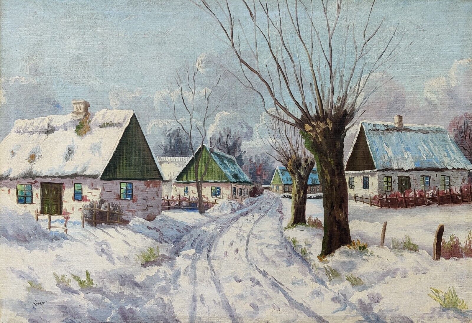 SNOWDRIFTS in WINTER VILLAGE original oil painting huts