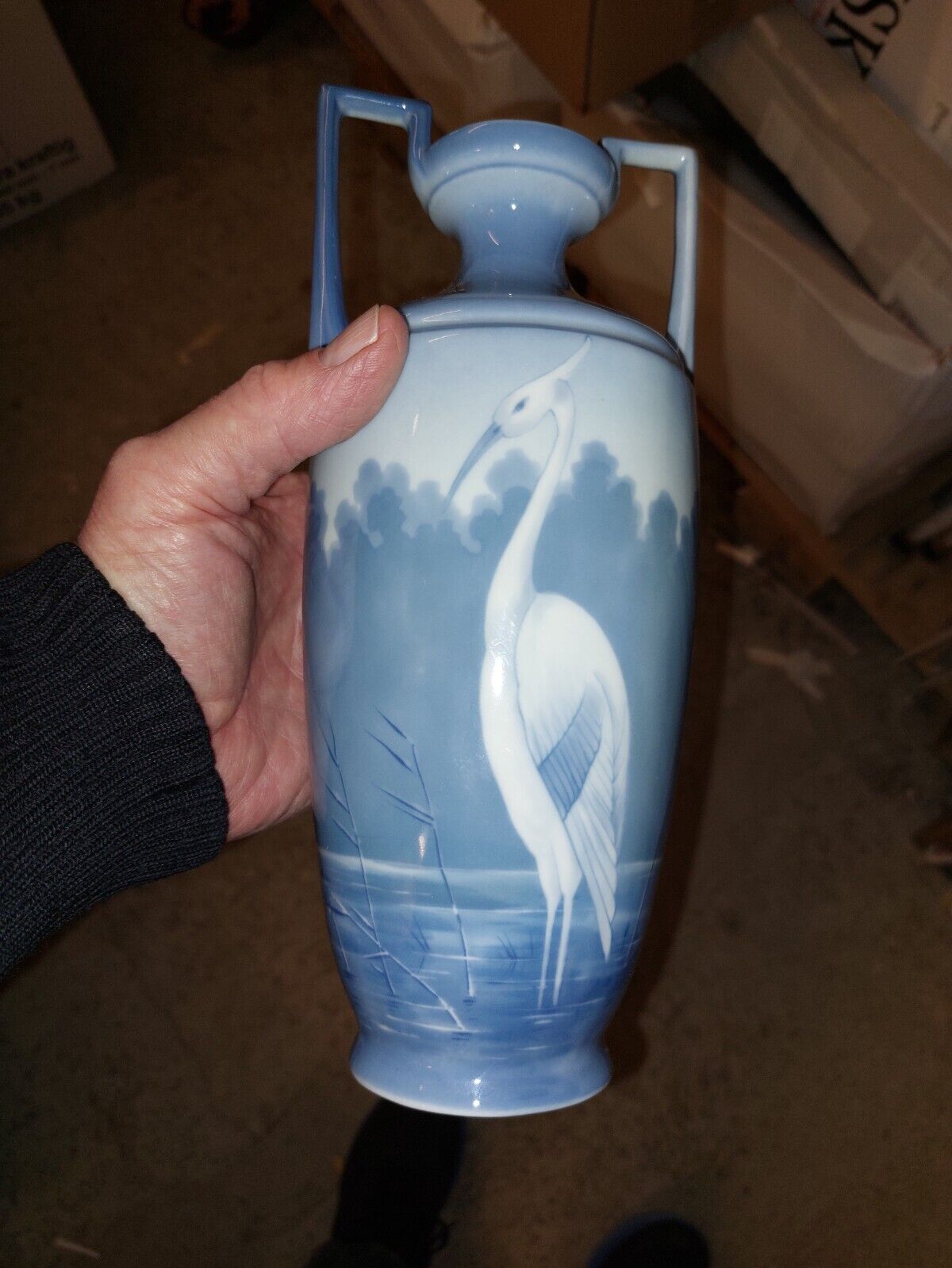 Old Art Nouveau Porcelain Vase from Eichwald Austria with crane decor c 1910