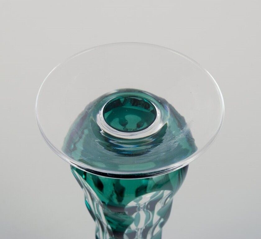 Val St Lambert Belgium Faceted crystal vase in green and clear glass