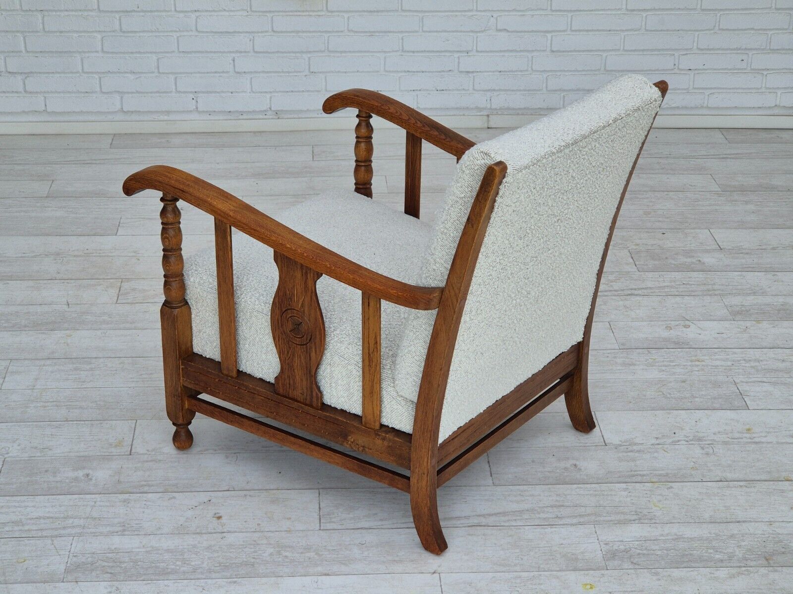 1950s Scandinavian design reupholstered armchair white/light gray fabric