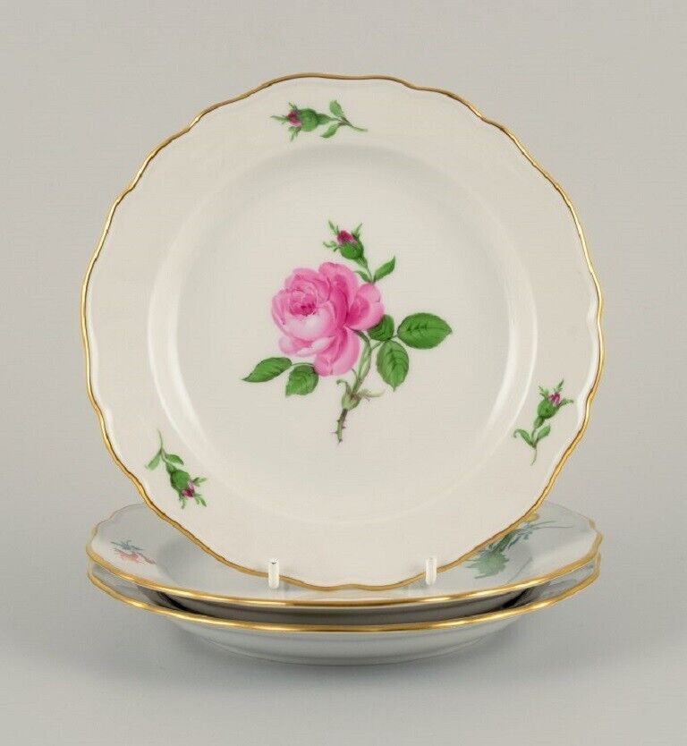 Meissen Germany three plates hand painted with flowers and gold decoration