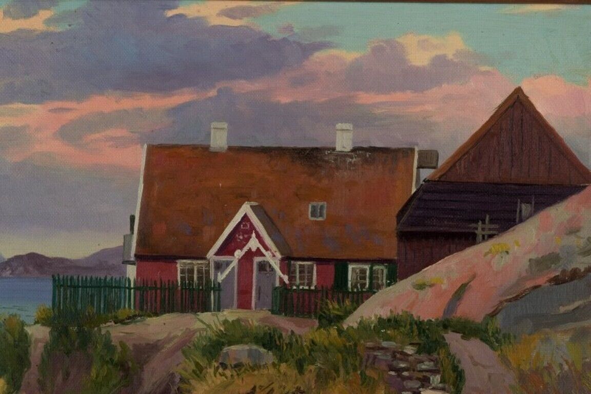 Emanuel Aage Petersen (1894-1948) Oil painting on canvas Greenlandic village