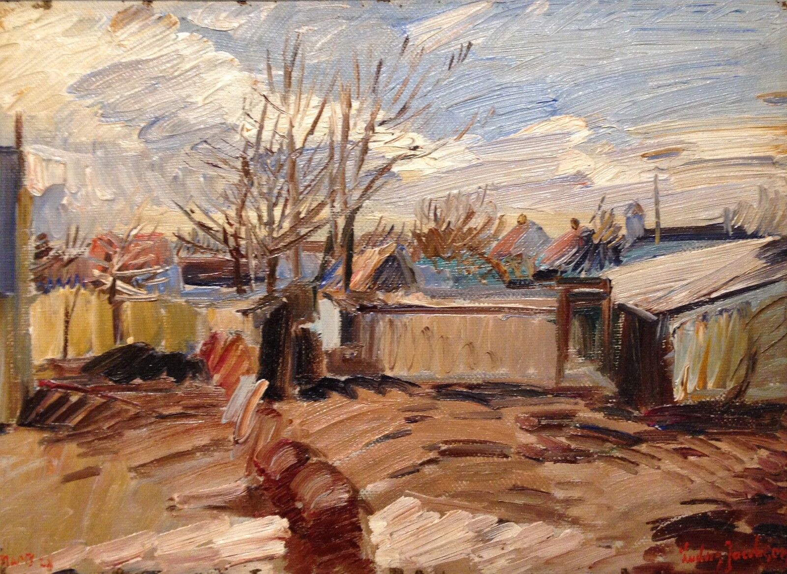 Ludvig Jacobsen (1890-1975): SHEDS IN WINTER LANDSCAPE