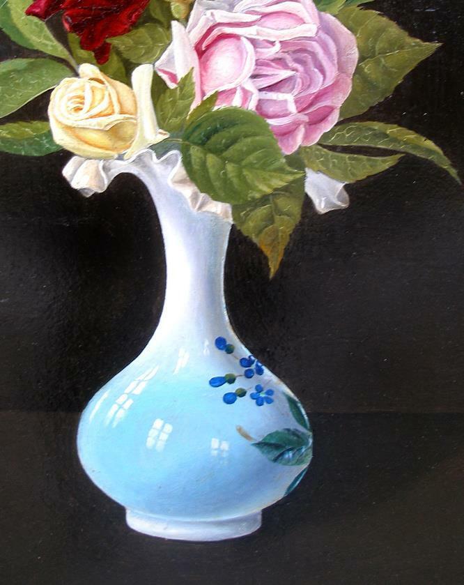 Antique still-life Roses in Blue Porcelain Vase Ca 1850