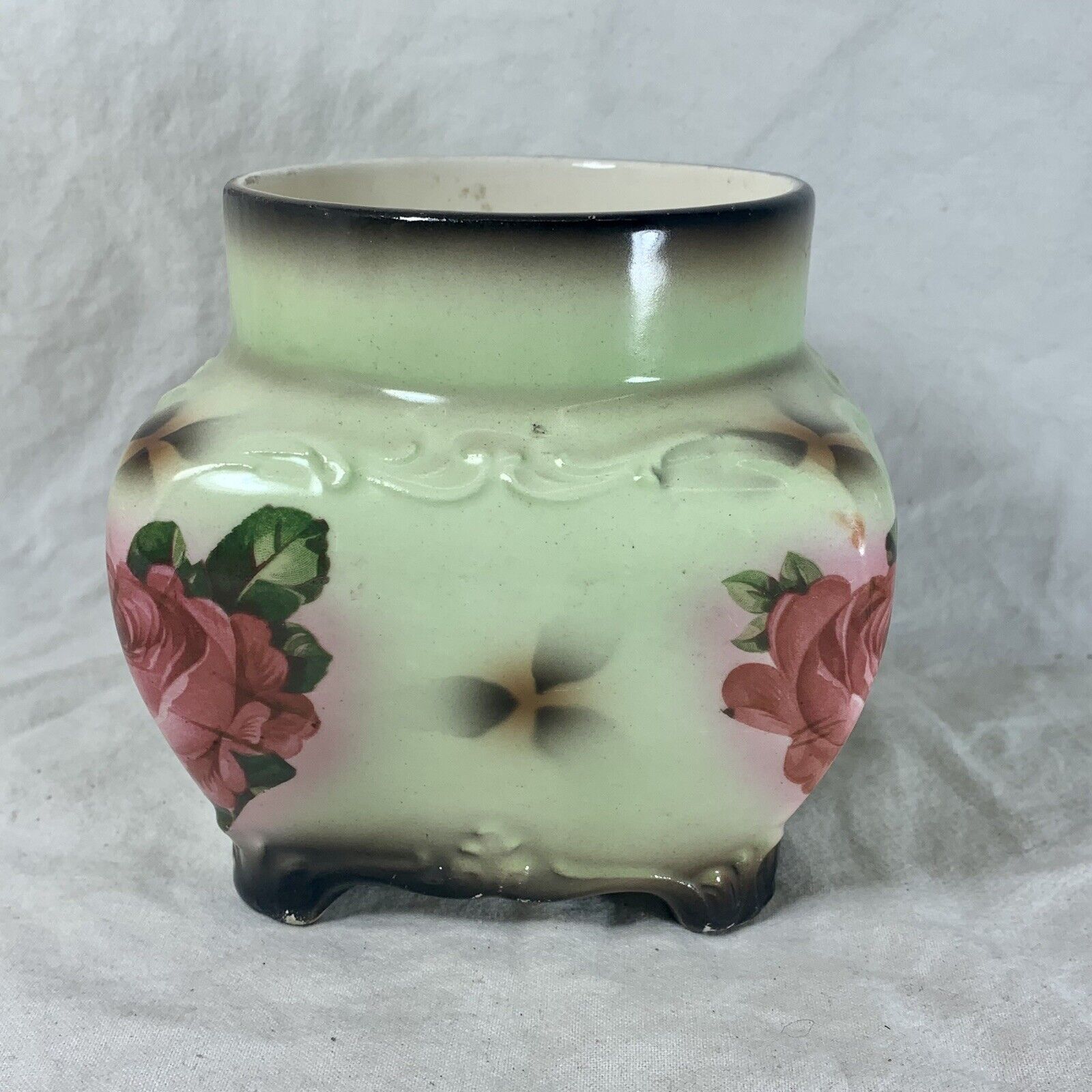 Vintage mint green planter with pink and yellow floral design 11x10cm