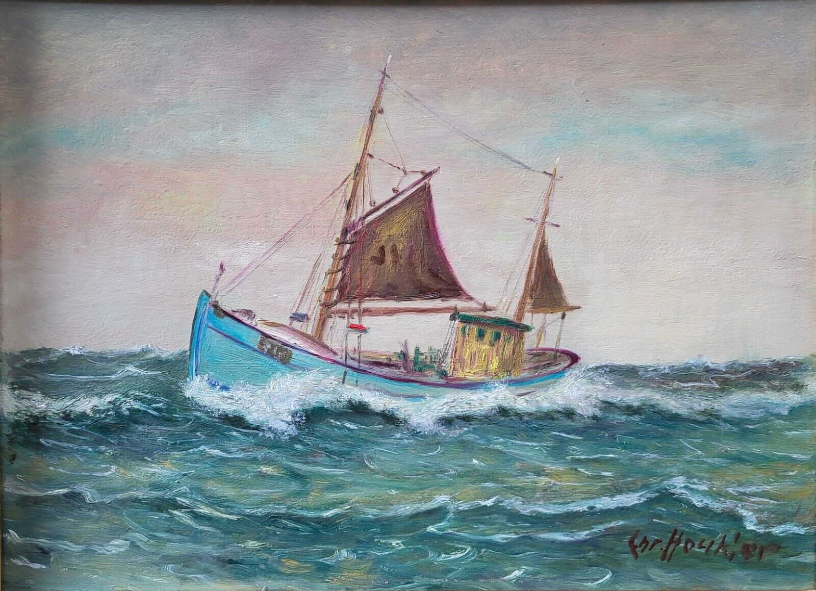 Oil painting Christian Houkjaer: “Fishing boat on the open sea”