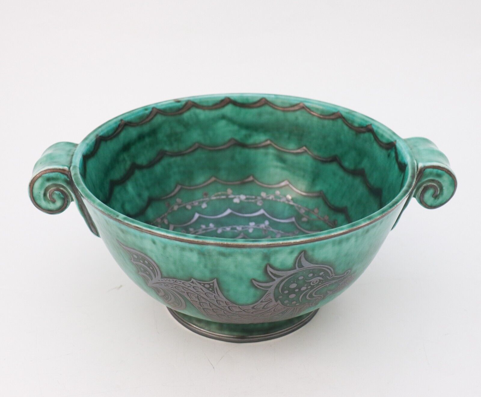 LARGE GREEN CERAMIC BOWL ARGENTA #901 - WILHELM KÅGE - GUSTAVSBERG DRAGON