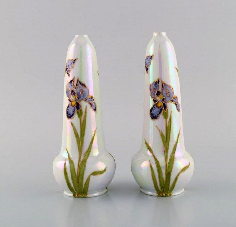 Heubach Germany Two antique Art Nouveau vases in porcelain with flowers