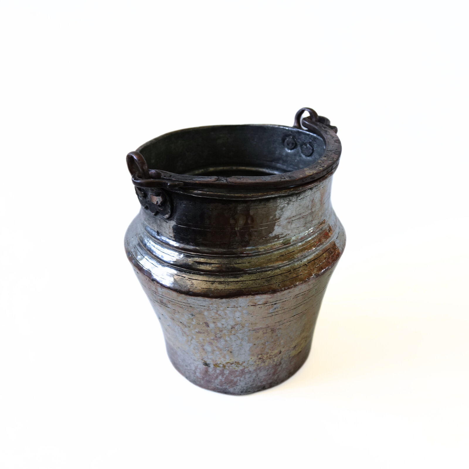 Vintage metal pot with handle with stunning patina from Sweden early 1900s