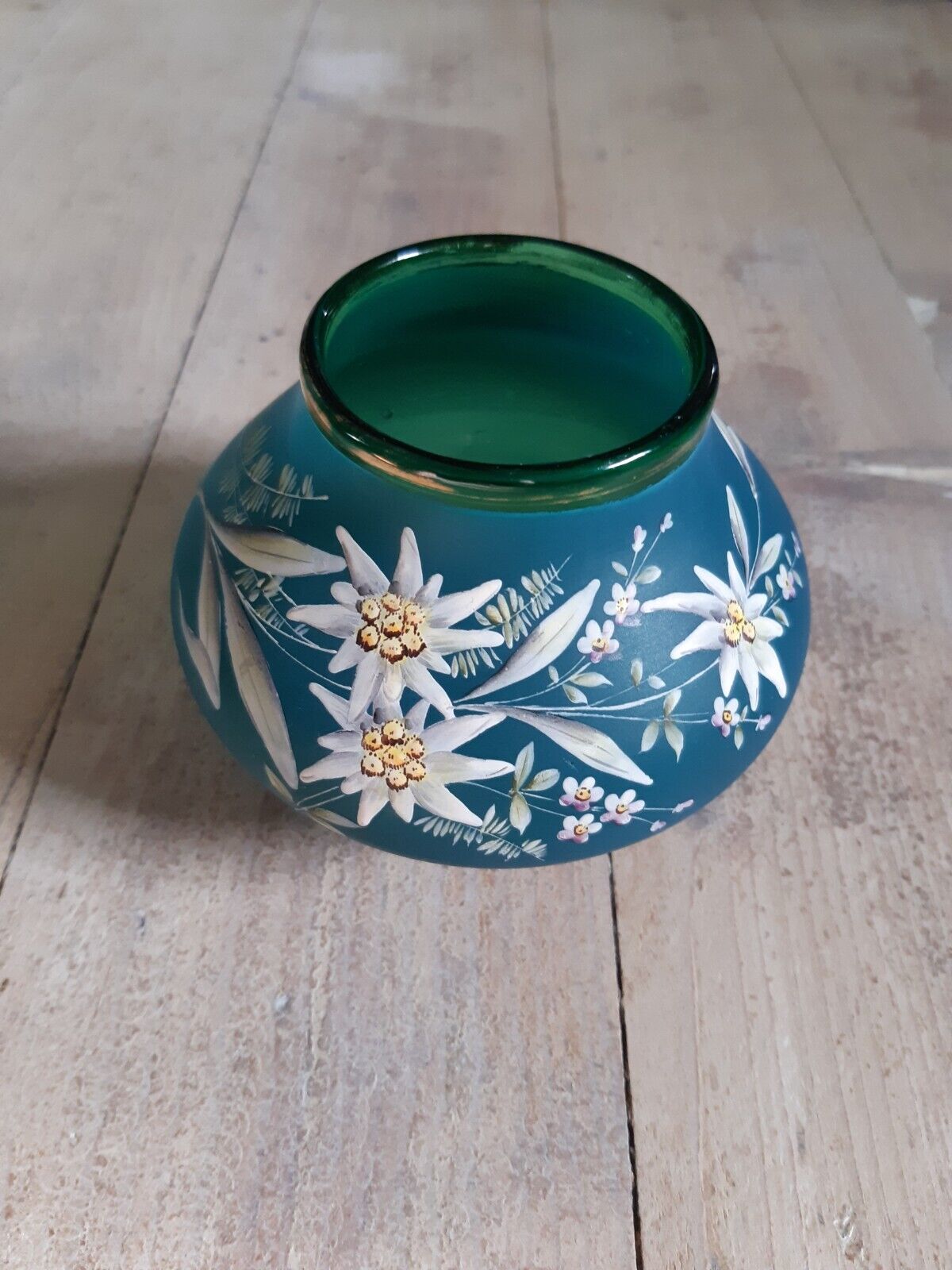 Art Nouveau blue green glass vase with enamel flowers Probably Bohemia