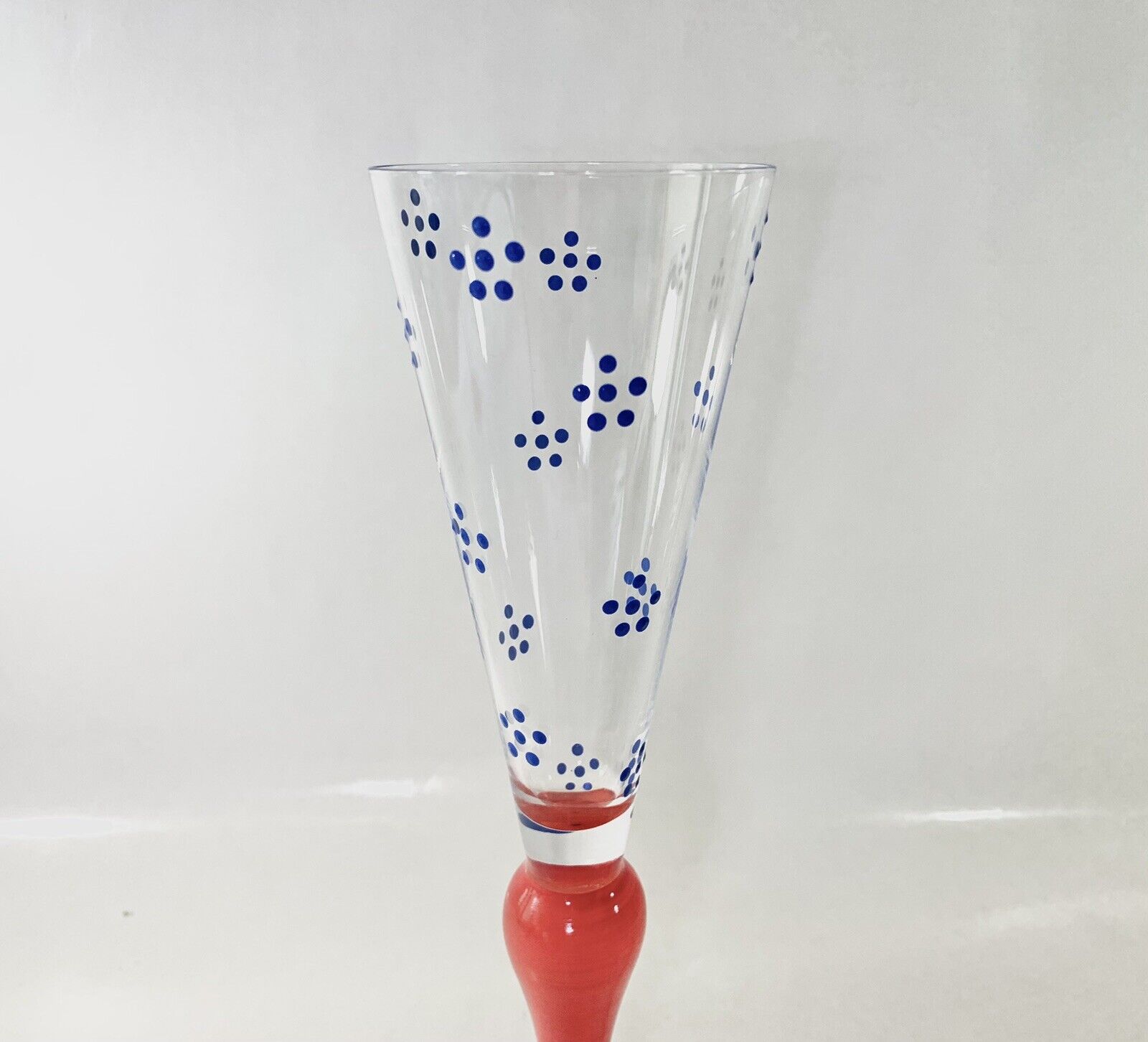 Orrefors Clown Crystal Blue Dotted Red Stem Champagne Glass Anne Nilsson