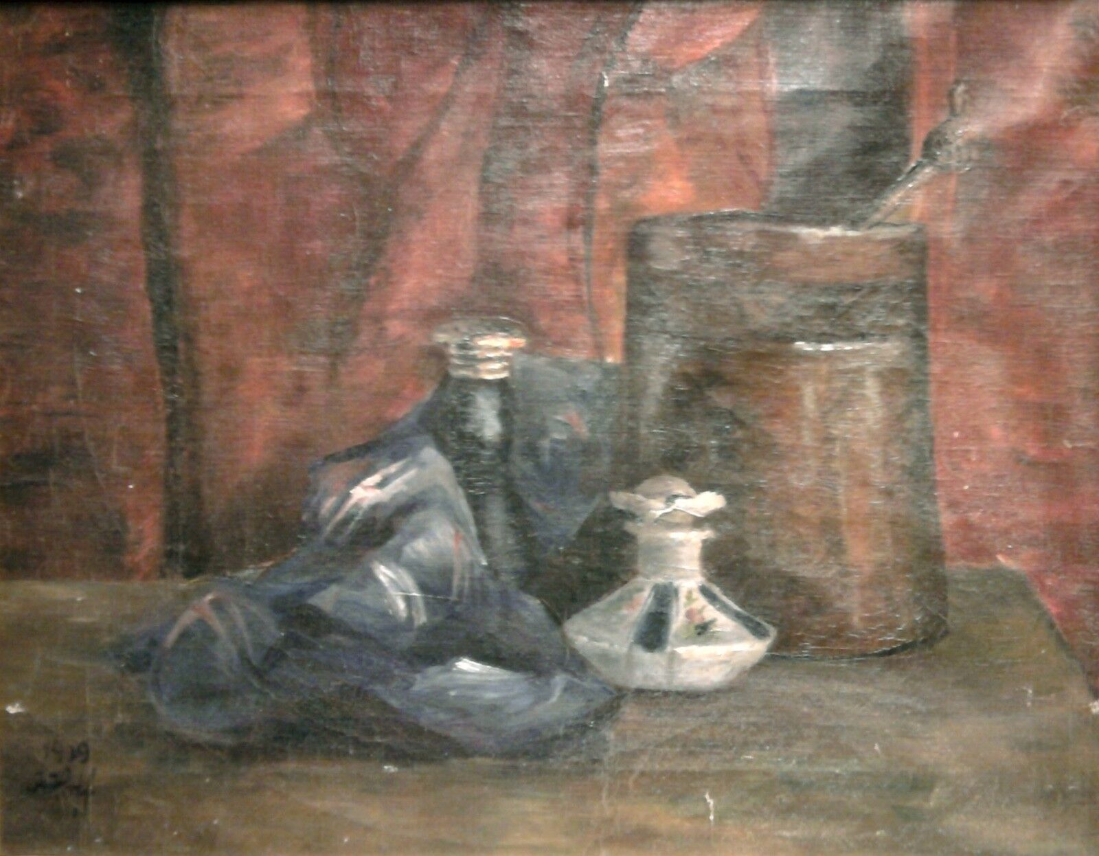 A Hoff: STILL LIFE WITH FLASKS on BURGUNDY BACKGROUND original oil painting