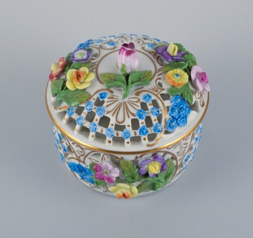 Dresden Germany openwork porcelain jar with flowers in relief