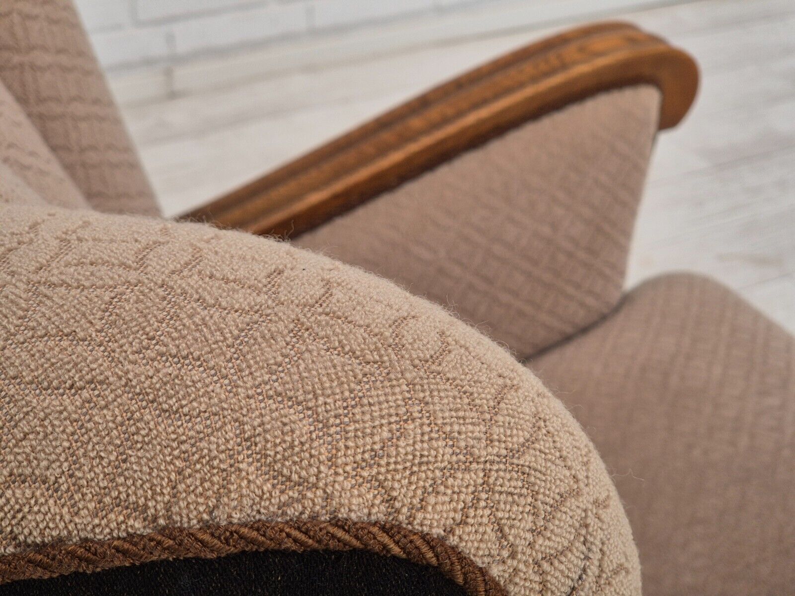 1950s Danish vintage armchair light brown cotton/wool oak wood