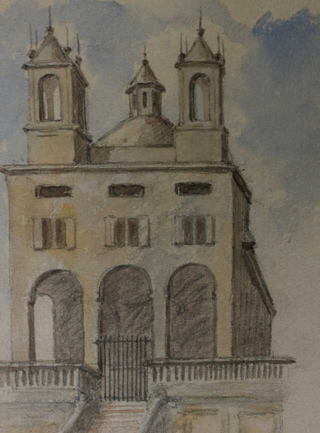 Antique French watercolor Church St Pietro Genoa Italy Dated 1882