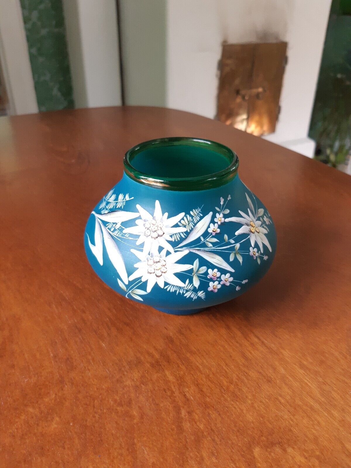 Art Nouveau blue green glass vase with enamel flowers Probably Bohemia