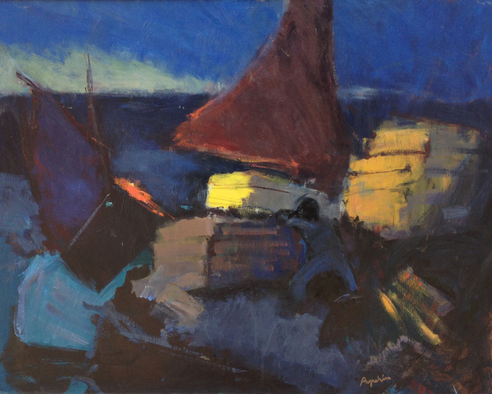 Arne Aspelin (1911-1990): SAILBOAT in BLUE YELLOW and ORANGE