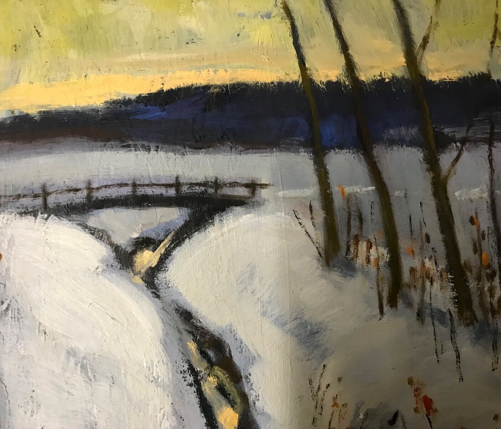 Narrow stream in winter landscape Oil painting