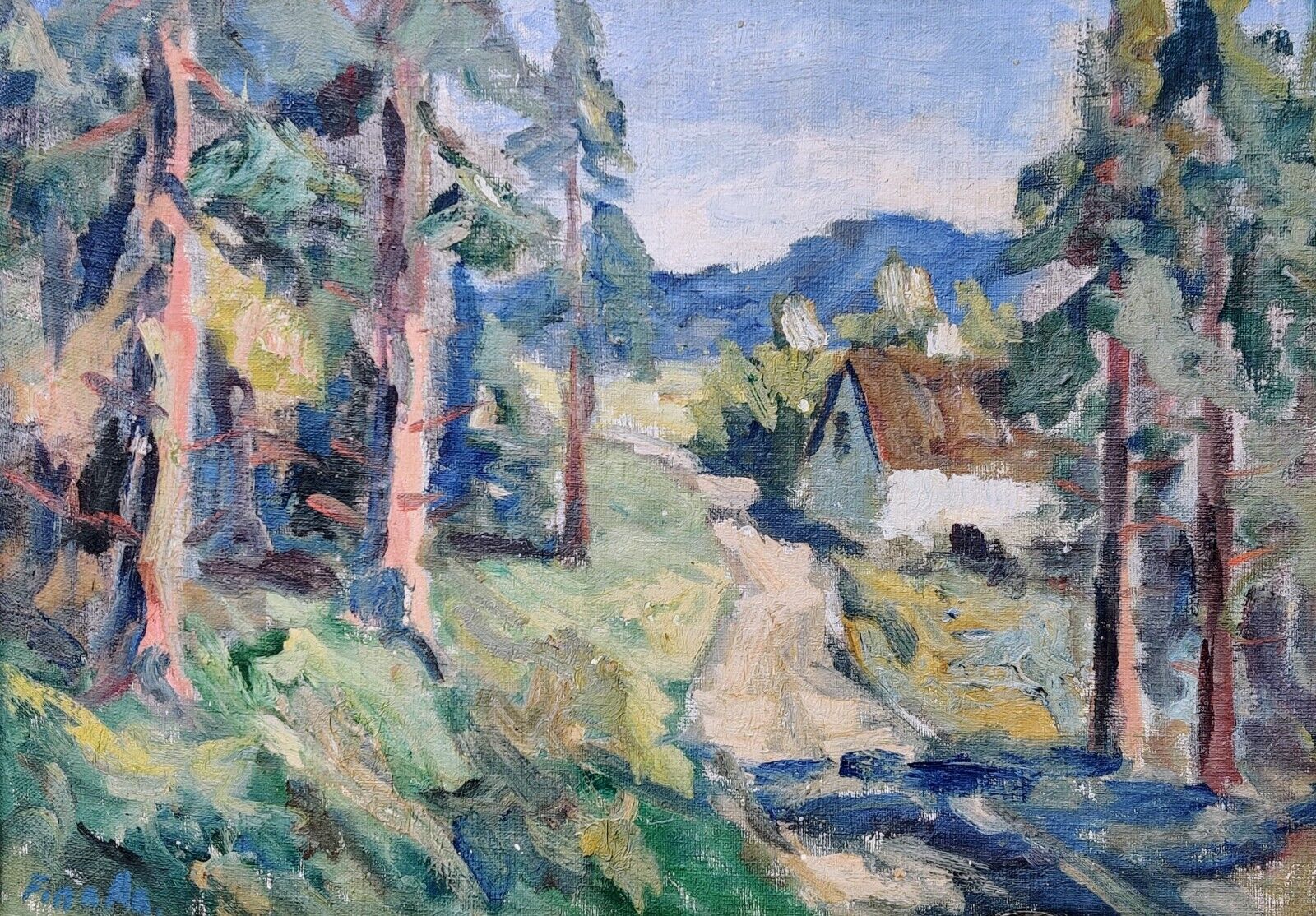 Finn Andersen (1909-1987): COTTAGE IN FOREST original oil painting