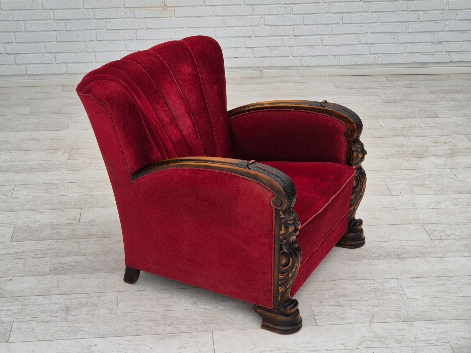 1950s Danish armchair with footstool furniture velour ash wood