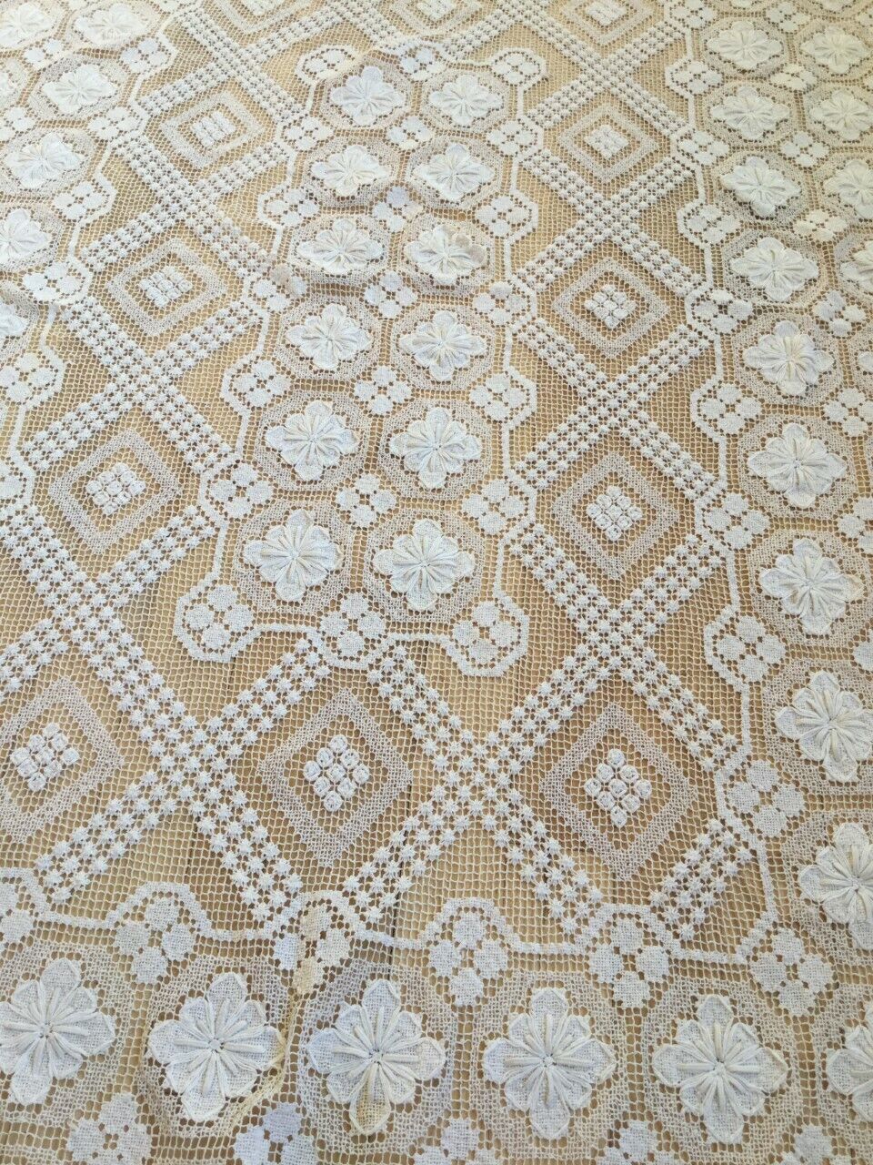 A vintage Art Deco 1920's darn net knotted lace lacis tablecloth