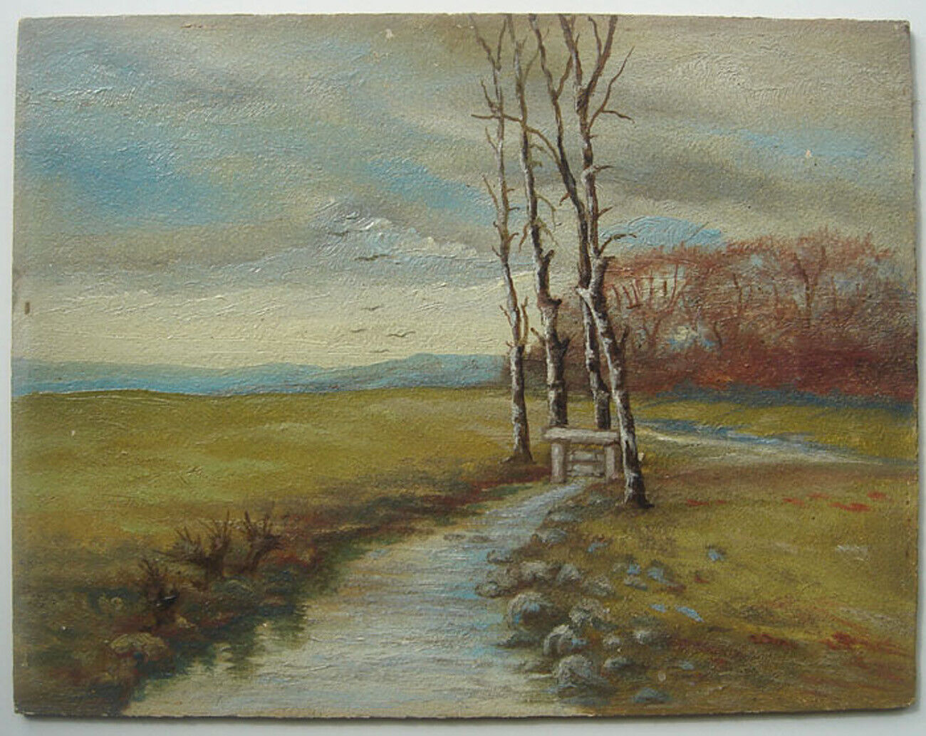 Antique autumn landscape Birch trees by a stream c1900