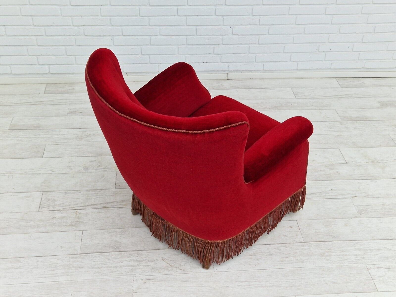 1960s Danish vintage highback armchair in cherry-red velvet