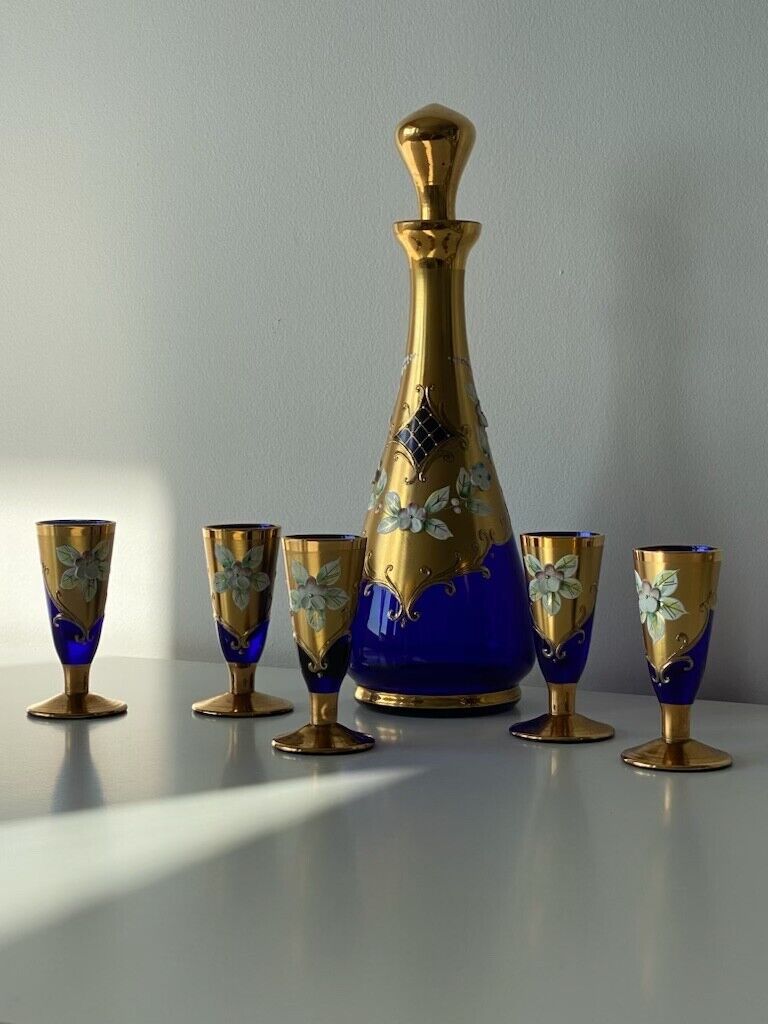 Vintage Bohemia Cobalt Blue Gold Glass Decanter 5 Glasses Hand painted