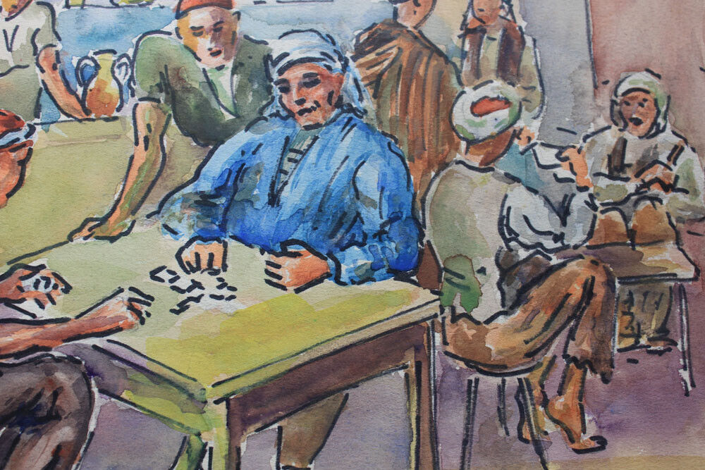 French watercolor Men gambling in a cafe Zavatta Tunisia c1960