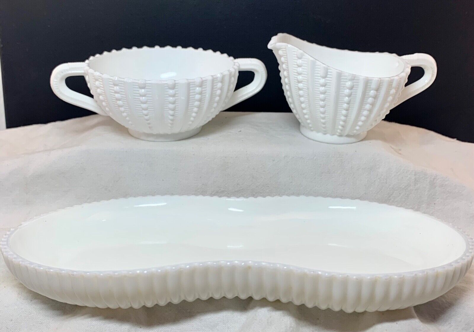 Vintage textured Milk glass sugar  creamer set with under-plate 20cm wide