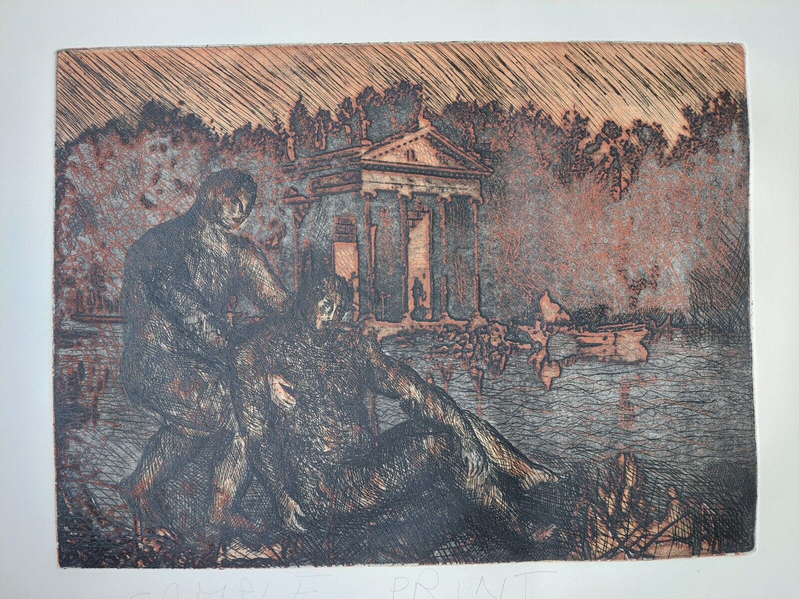 Sandro CHIA Original etching "Two Men on a Lake by a Temple" 1984