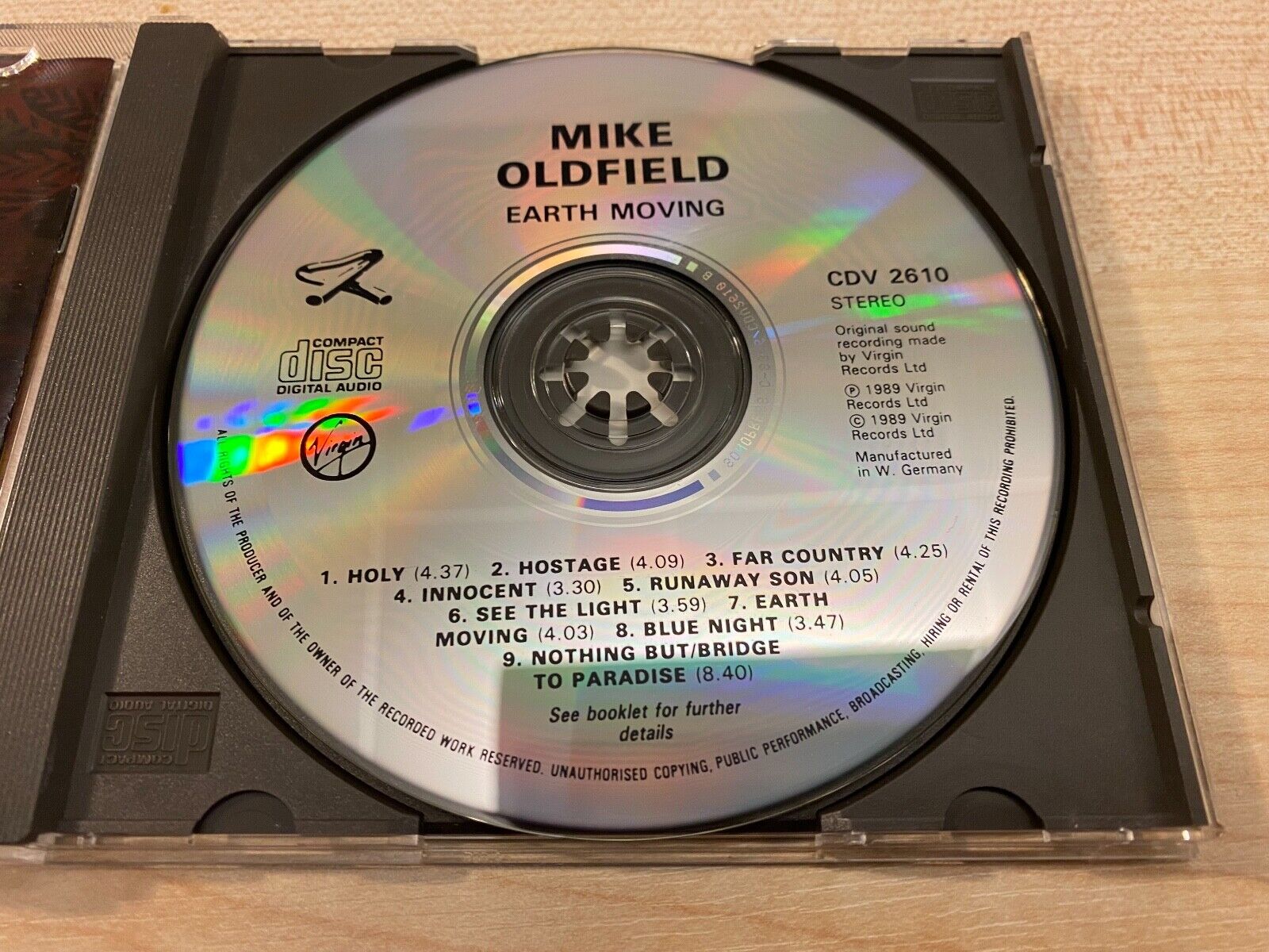 MIKE OLDFIELD "EARTH MOVING" 1989 CD ALBUM 9 TRACK VIRGIN RECORDS 1 PRESSING CD