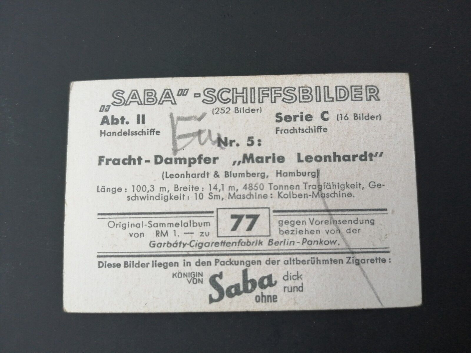 German SABA tobacco ship trading card 1931-33No 77 " Marie Leonhardt"Hamburg