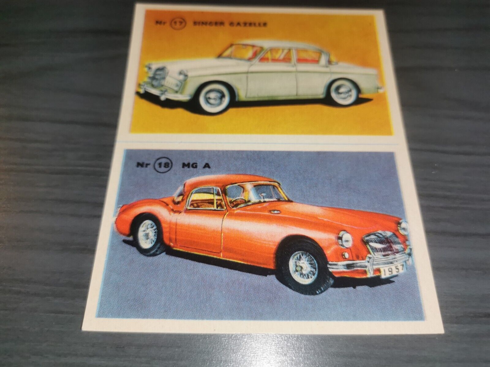 Singer Gazelle - MG A Car card hjemmets samleserie 1957 UNCUT SHEET #17 #18