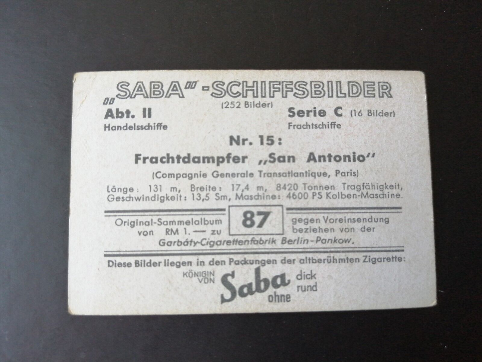 German SABA tobacco ship trading card 1931-33No 15"San Antonio" France