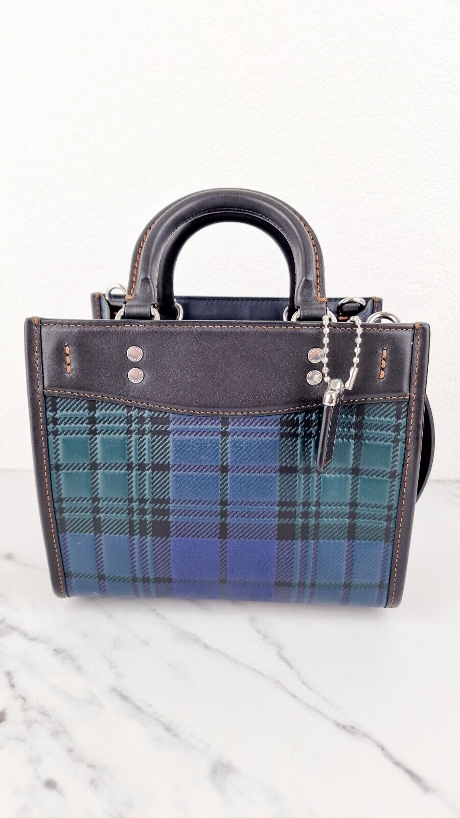 Coach Rogue 20 Tartan Blue Green Plaid CH385 Embossed Leather Black Handbag