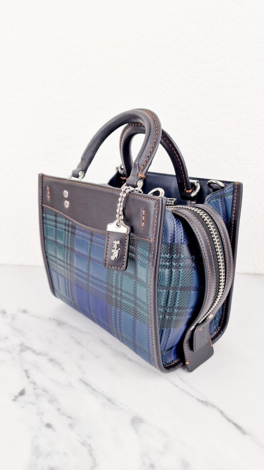 Coach Rogue 20 Tartan Blue Green Plaid CH385 Embossed Leather Black Handbag