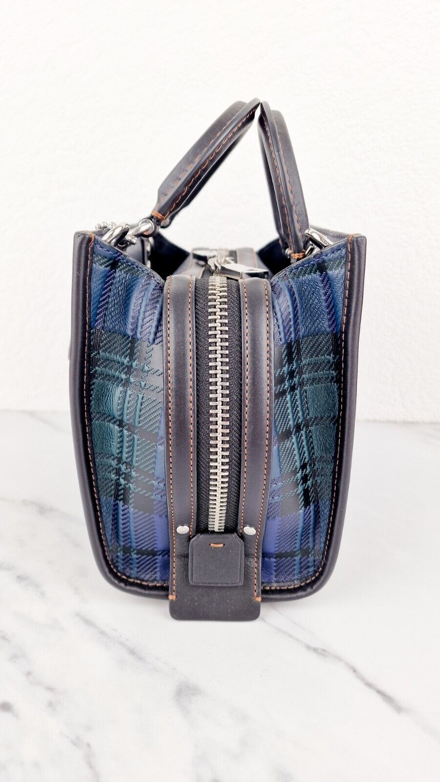 Coach Rogue 20 Tartan Blue Green Plaid CH385 Embossed Leather Black Handbag