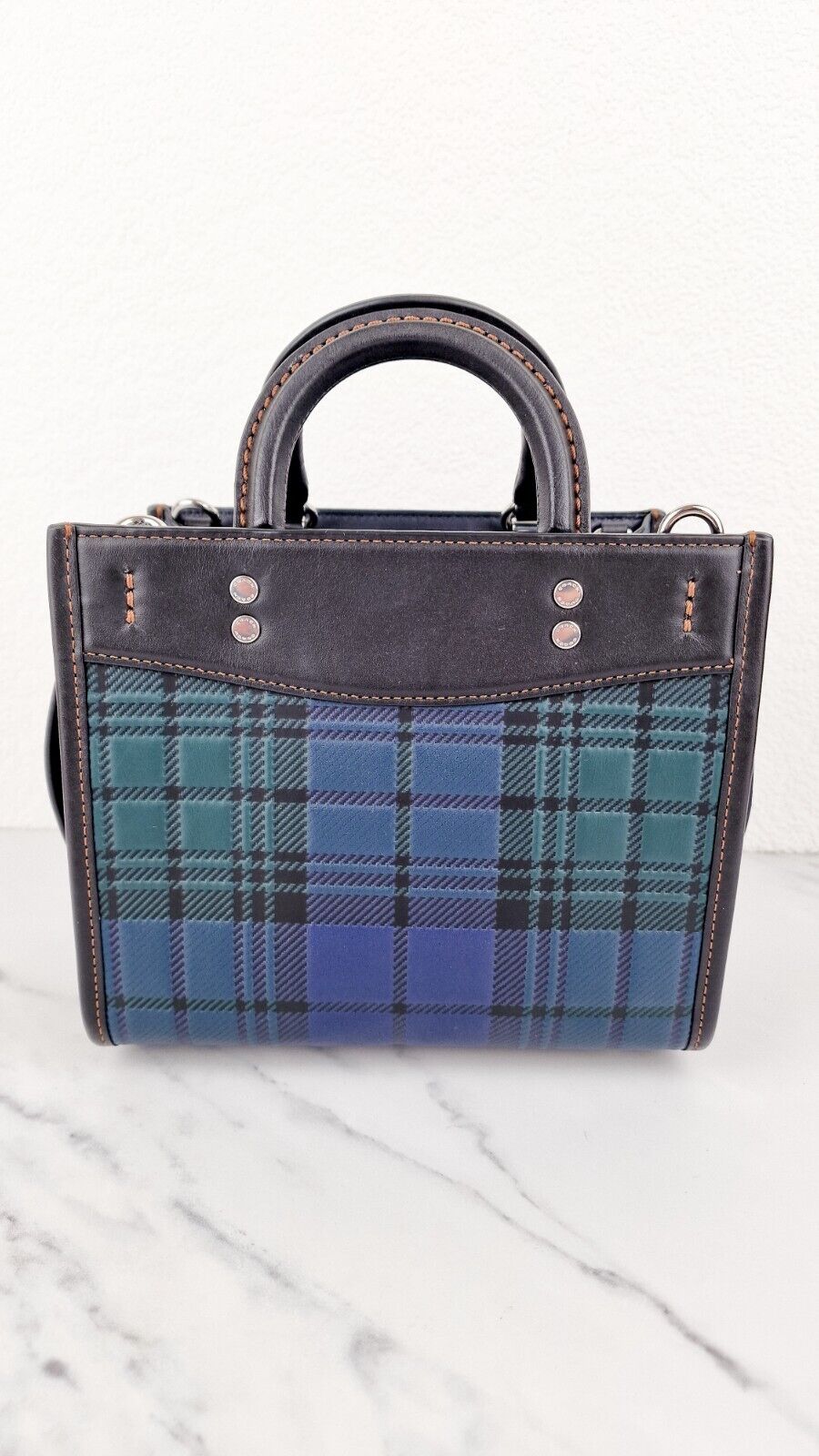 Coach Rogue 20 Tartan Blue Green Plaid CH385 Embossed Leather Black Handbag