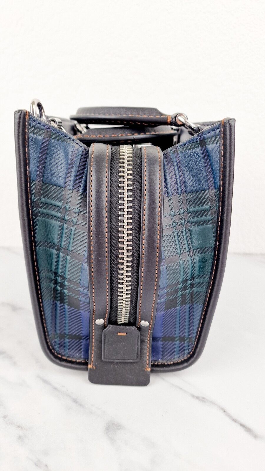 Coach Rogue 20 Tartan Blue Green Plaid CH385 Embossed Leather Black Handbag