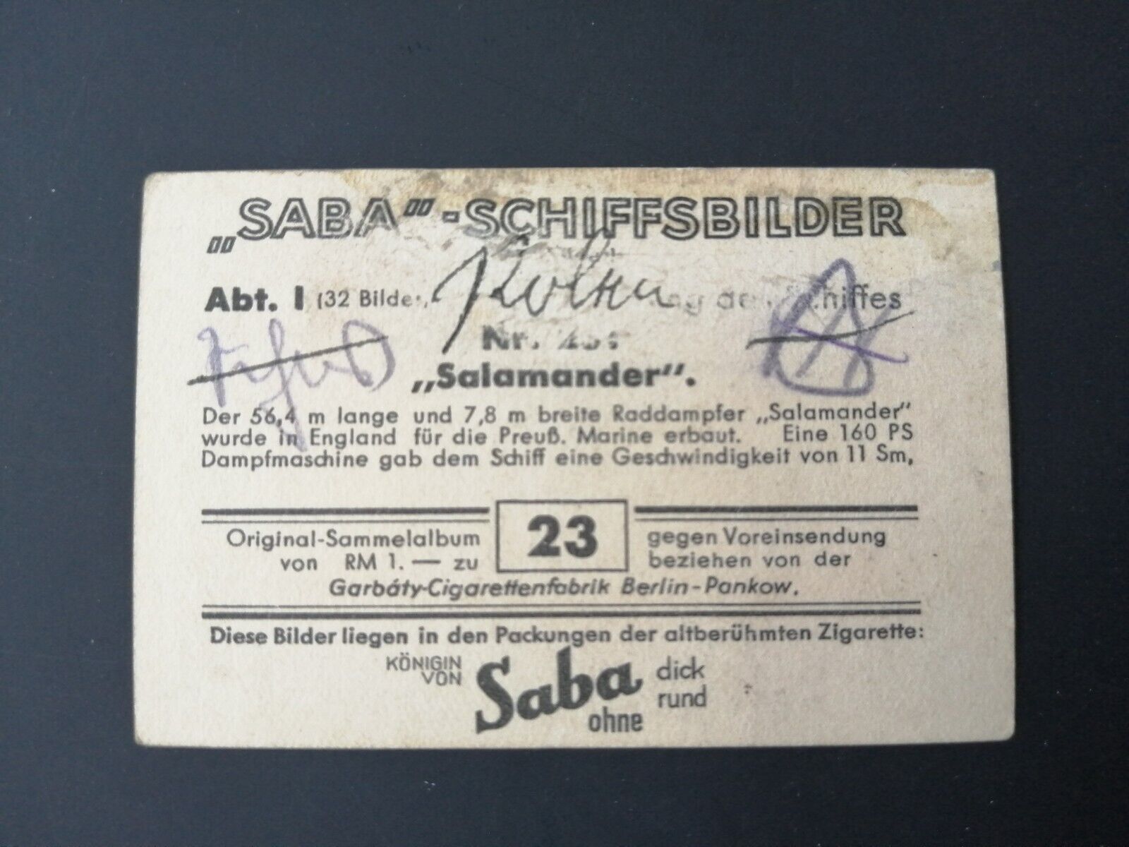 German SABA tobacco ship trading card from 1931-33No 23 "Salamander"