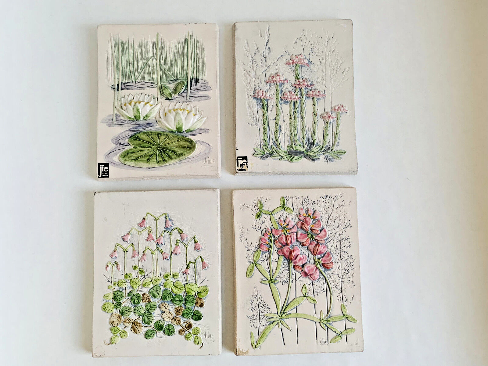 Set of4 JIE Gantofta  Swedish Ceramic Wall Plaque  Cottage Wall Decor Flower