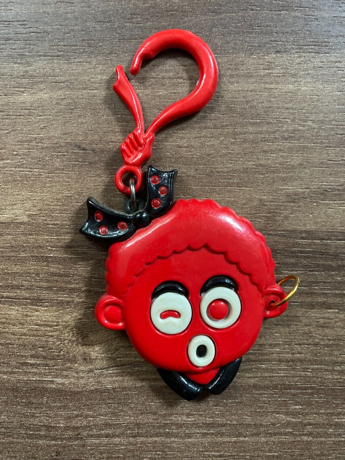 Vintage Red Face Plastic Keychain - Open Closed Eyes w Earring