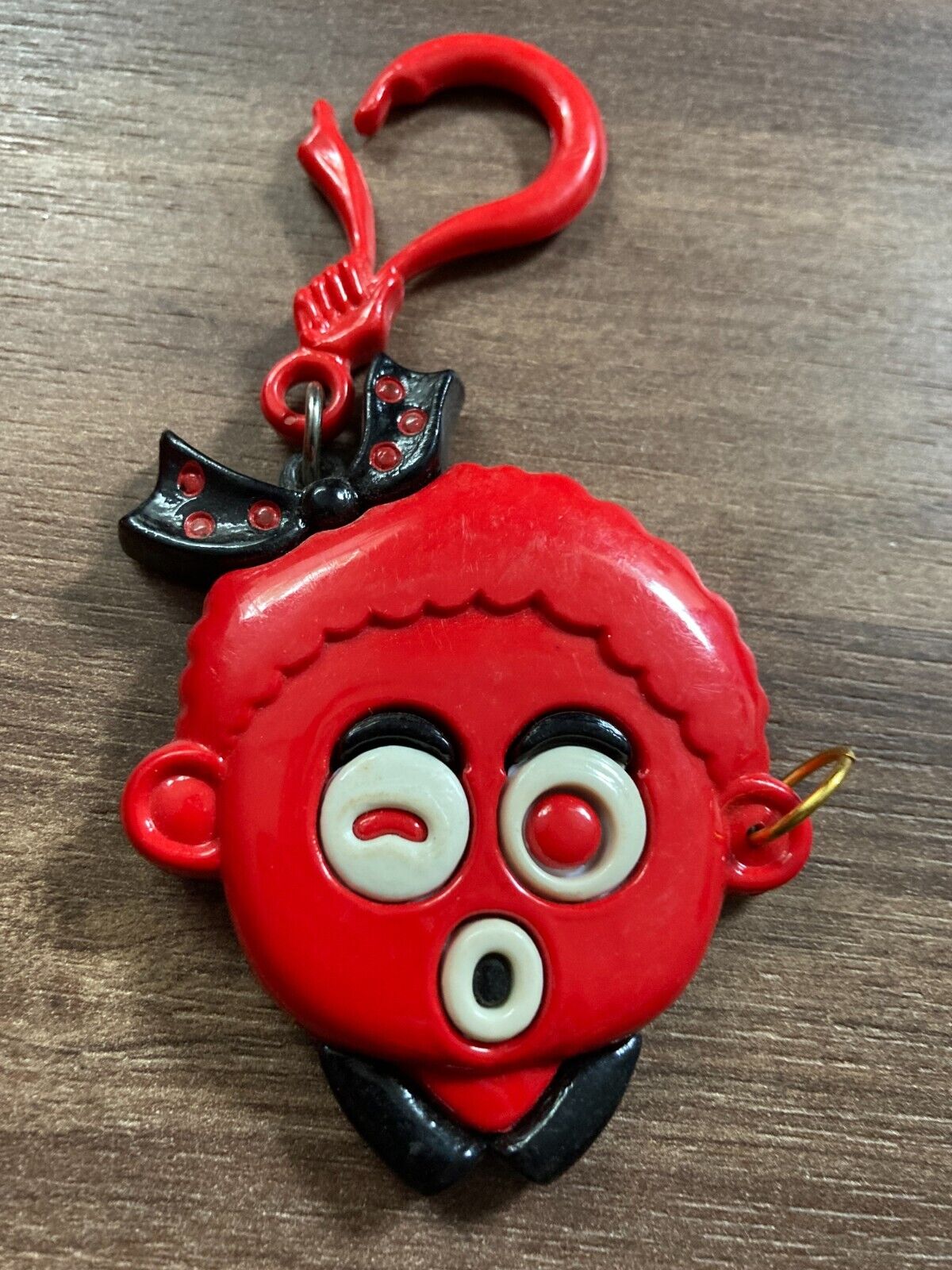 Vintage Red Face Plastic Keychain - Open Closed Eyes w Earring