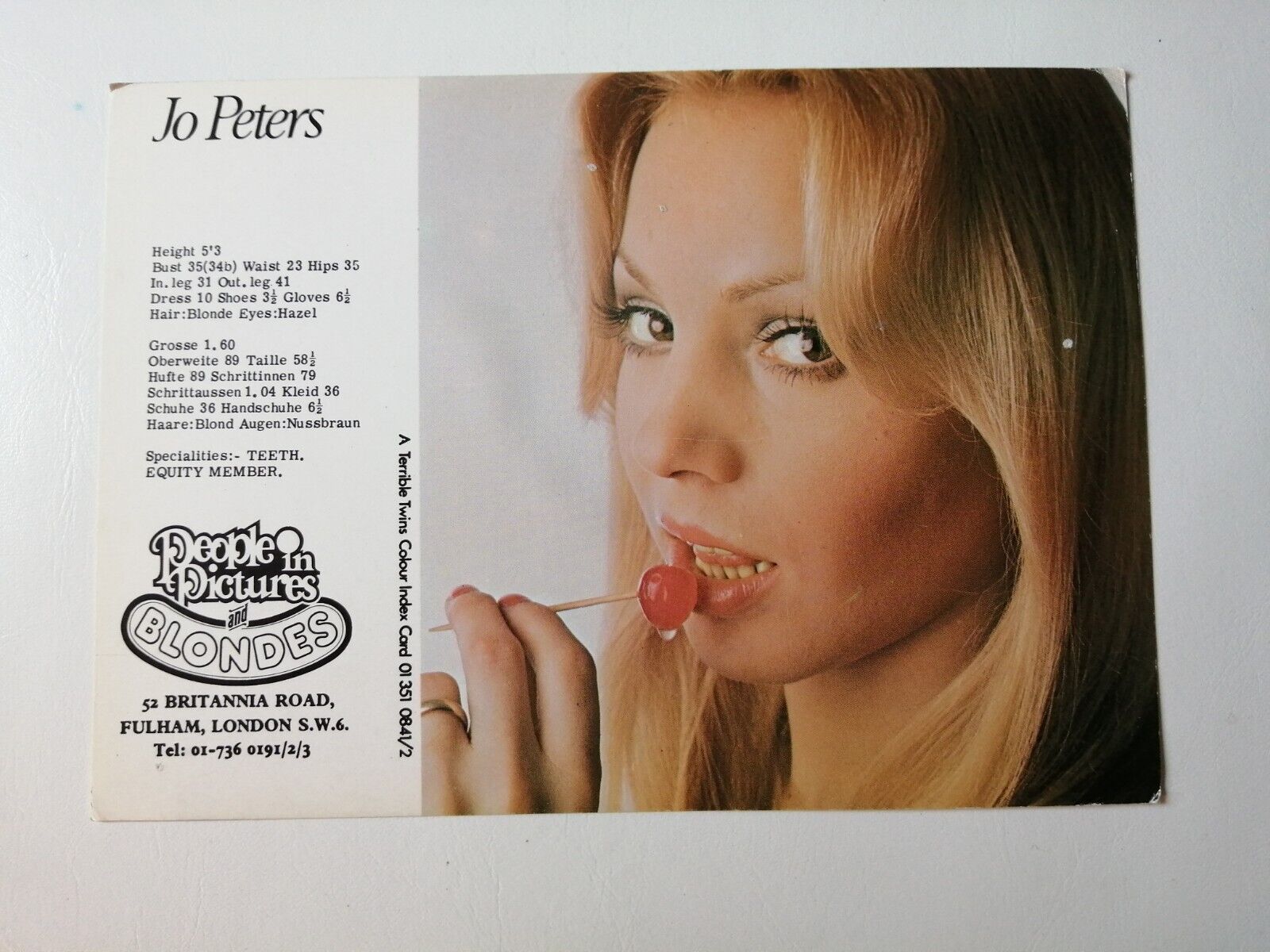 Vintage  English  model comp card from 1970s/1980sJo Peters