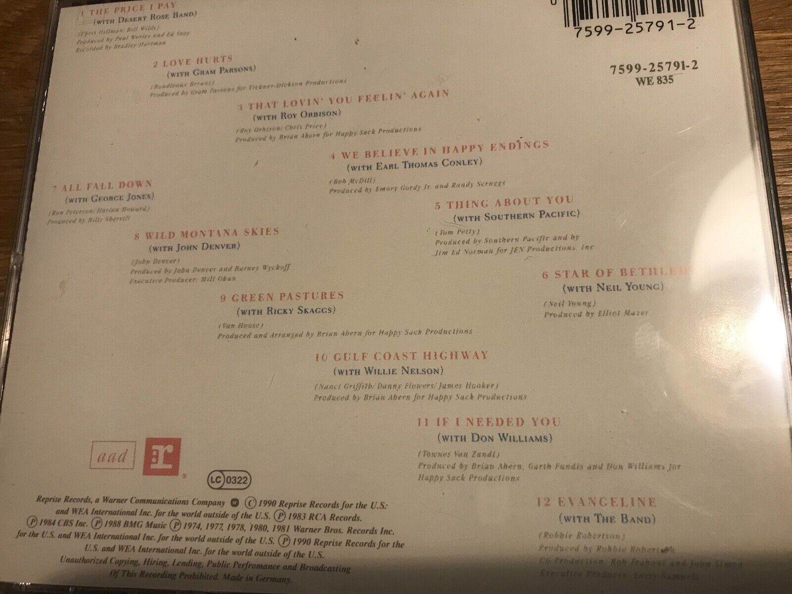 EMMYLOU HARRIS "DUETS" 1990 CD 12 TRACKS REPRISE RECORDS ROY ORBISON NEIL YOUNG*