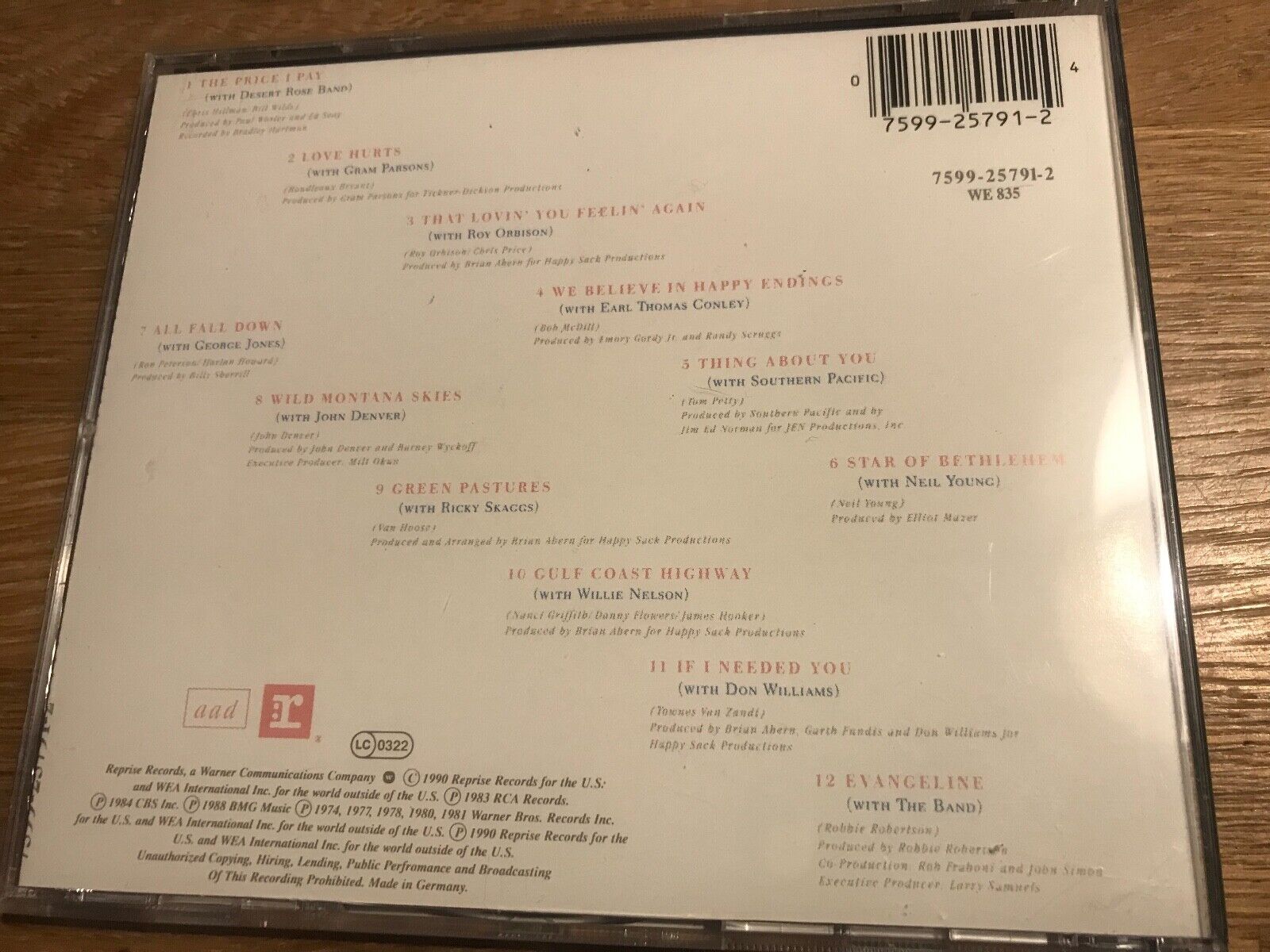 EMMYLOU HARRIS "DUETS" 1990 CD 12 TRACKS REPRISE RECORDS ROY ORBISON NEIL YOUNG*