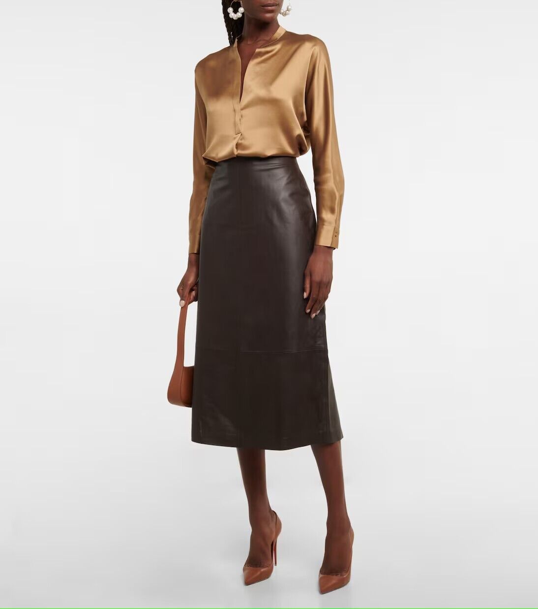 **VINCE** Brown Leather Midi Skirt US2 DE36